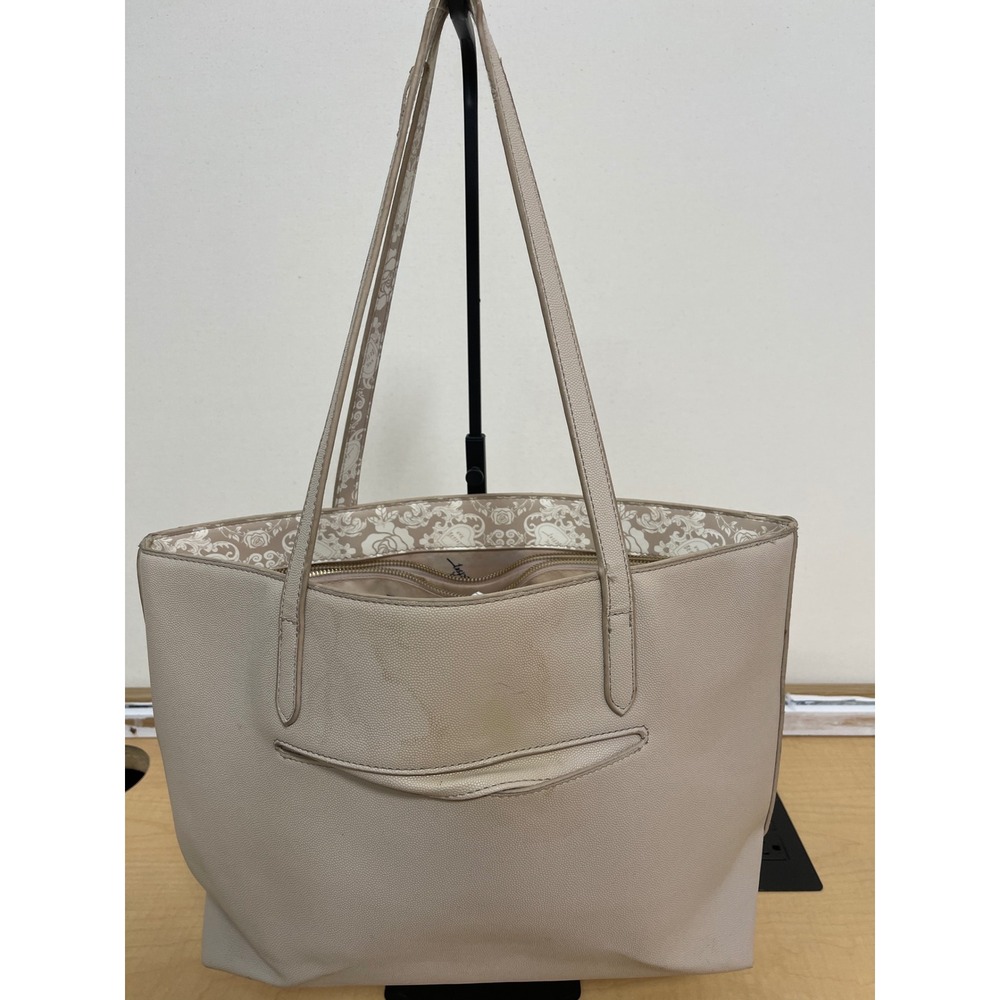Betsey Johnson Beige Pebbled Tote Bag Skull Rose Floral Trim Gold Hardware